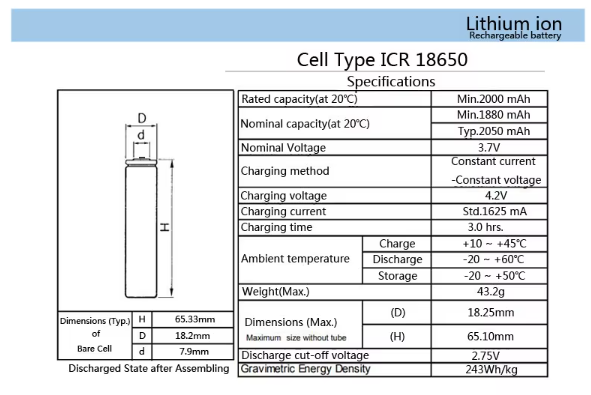 Batterie Li-ion 18650 3.7V 2000mAh