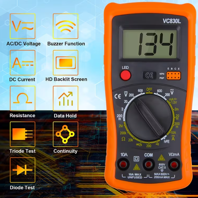 Multimètre Numérique VC830L - Testeur avec Voltmètre DC/AC et Ohmmètre